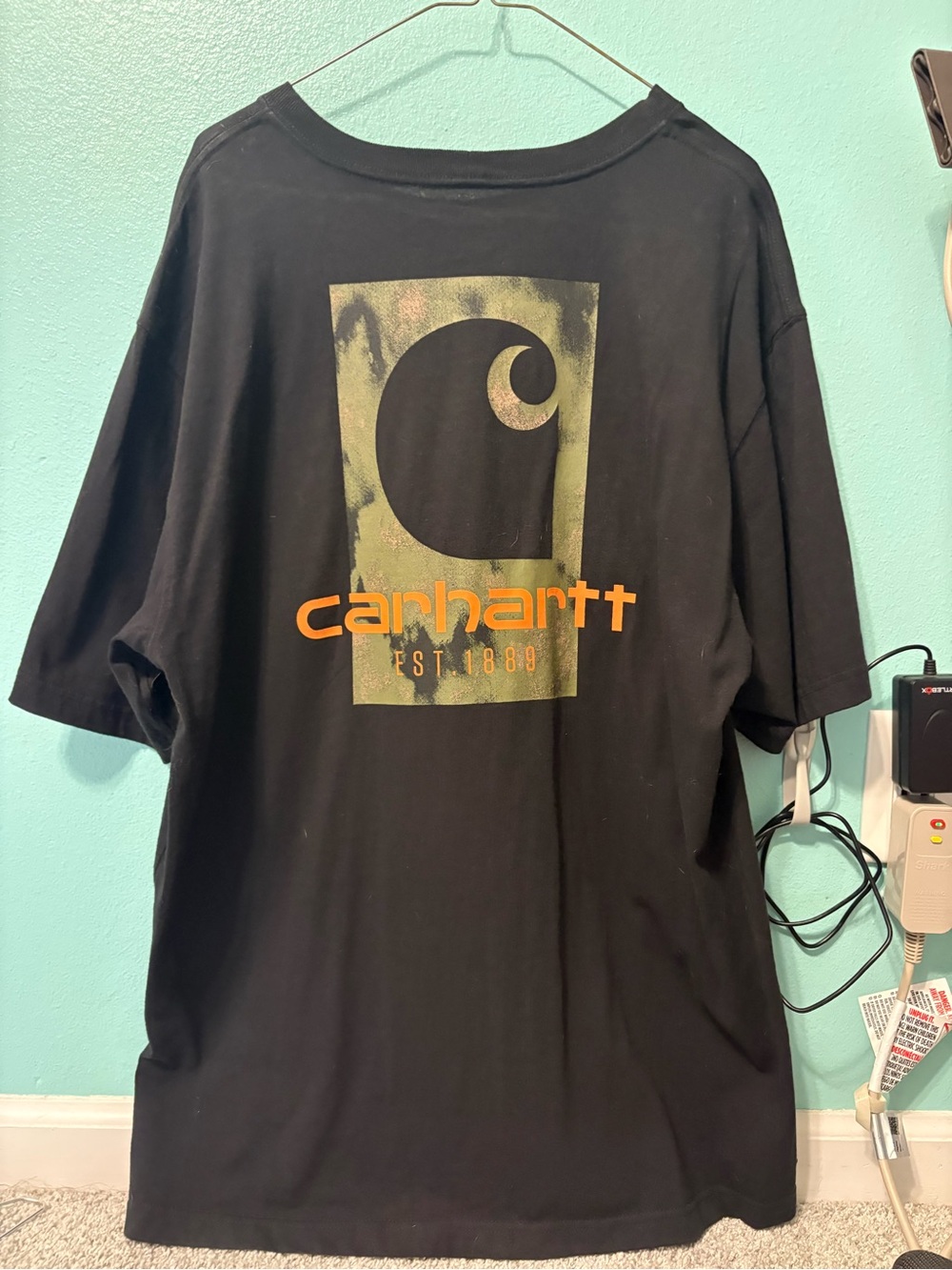 Carhartt Black Short-Sleeve Tee with Orange Logo and Camo Panel